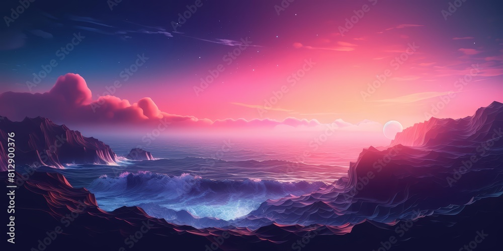 Creative amazing view of a dramatic cliff overlooking the ocean, with waves crashing below, styled in synthwave color to enhance a banner template with copy space