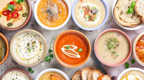Flatlay of vegetarian creamy homemade soups variety with bread slices over white plain background top view Autumn and Winter creamy vegan soups fall and winter vegetarian food menu con : Generative AI