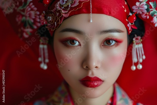 Closeup of a woman adorned in richly decorated red headpiece and makeup, with a hypnotic gaze