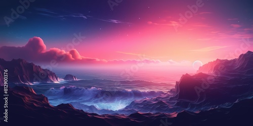 Creative amazing view of a dramatic cliff overlooking the ocean  with waves crashing below  styled in synthwave color to enhance a banner template with copy space