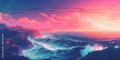 Creative amazing view of a dramatic cliff overlooking the ocean, with waves crashing below, styled in synthwave color to enhance a banner template with copy space photo