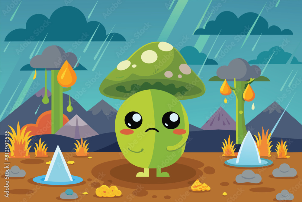 Naklejka premium A green mushroom sits on top of a dirt field in this customizable acid rain cartoon illustration, Acid rain Customizable Cartoon Illustration