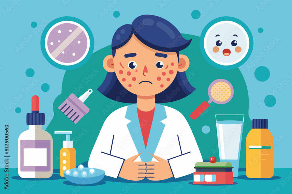 A woman sits at a table with numerous pills and bottles scattered around her, Acne treatment Customizable Cartoon Illustration A woman sits at a table with numerous pills and bottles scattered around her, Acne treatment Customizable Cartoon Illustration