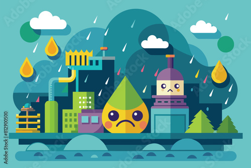 Illustration of a city featuring a sad face symbolizing a gloomy atmosphere, Acid rain Customizable Flat Illustration