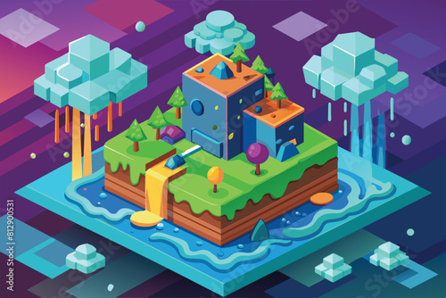 Illustration of a castle standing in the center of a lake, under an overcast sky, Acid rain Customizable Isometric Illustration