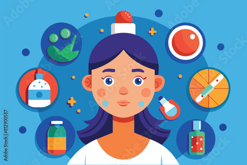 A woman standing amidst a clutter of objects around her, Acne treatment Customizable Disproportionate Illustration