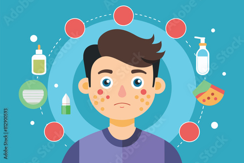 A man with visible acne breakouts on his face, showcasing skin imperfections, Acne treatment Customizable Disproportionate Illustration