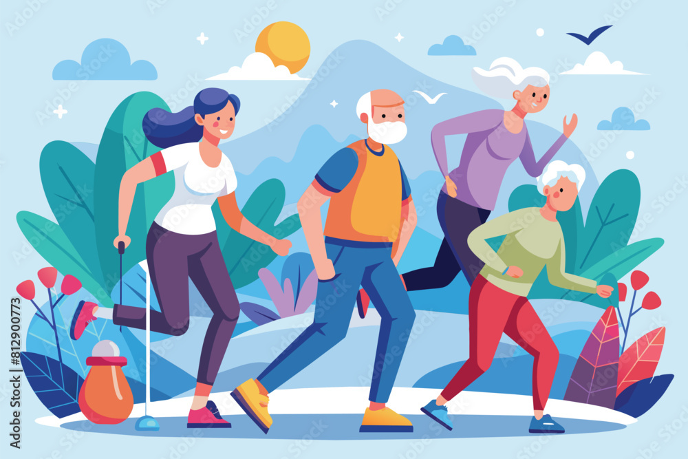 A group of active elderly people are running in the park on a sunny day, Active elderly people Customizable Semi Flat Illustration A group of active elderly people are running in the park on a sunny day, Active elderly people Customizable Semi Flat Illustration