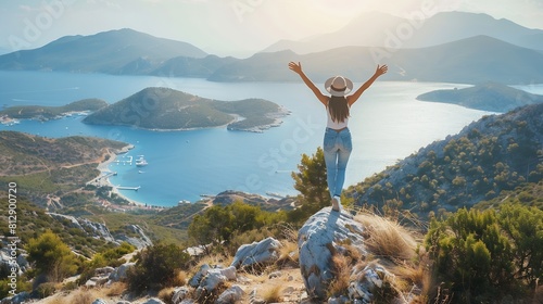 Happy woman with open arms stands on the viewpoint and enjoys the panorama of Kas resort town of the Mediterranean sea in Turkey : Generative AI