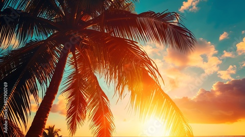 Romantic vibes of tropical palm tree with sun light on sky background Outdoor sunset exotic foliage closeup nature landscape Coconut palm trees and shining sun over bright sky Summer s : Generative AI photo