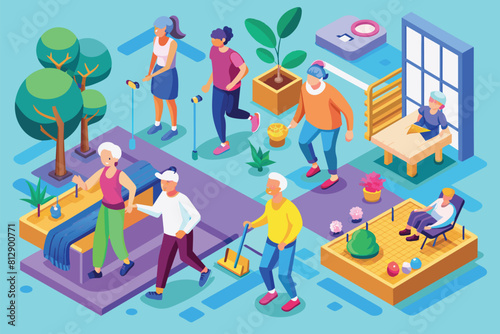 Diverse group of people of different ages and ethnicities standing around in a living room, Active elderly people Customizable Isometric Illustration