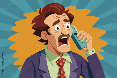 An adult man in a suit is engaged in a phone conversation, Adult talking cell phone Customizable Cartoon Illustration