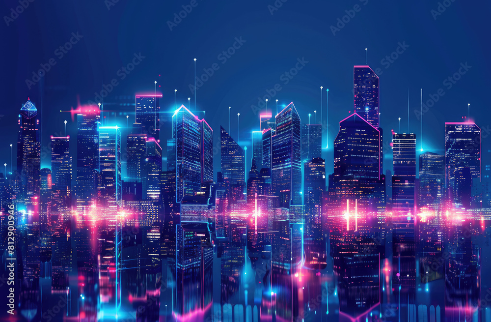 Cityscape on dark blue background with bright glowing neon Technology city background