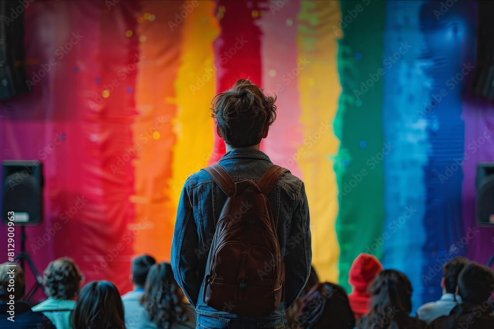 An emotional public speaking event for LGBT rights with an enthusiastic speaker on stage. AI generated. An emotional public speaking event for LGBT rights with an enthusiastic speaker on stage. AI generated.