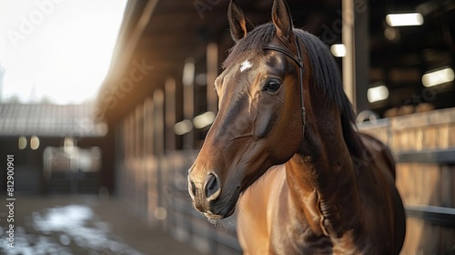 A close-up portrait of a beautiful brown horse's head in a stable