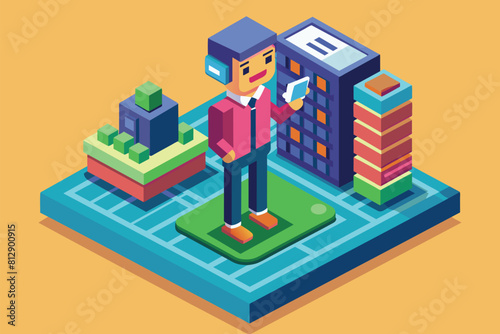 Adult male examining details with magnifying glass in front of a building  Adult talking cell phone Customizable Isometric Illustration