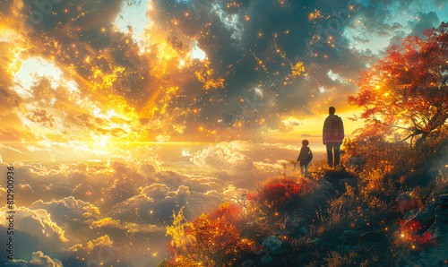 Sunset Vista with Parent and Child Exploring Majestic Nature, Dreamy Cloudscape, Emotional Bonding Moment, Inspirational Scene