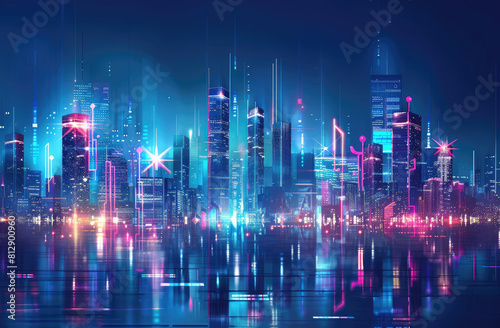 Cityscape on dark blue background with bright glowing neon Technology city background