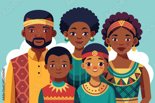 A diverse group of individuals standing next to each other, showcasing unity and togetherness, African family Customizable Disproportionate Illustration