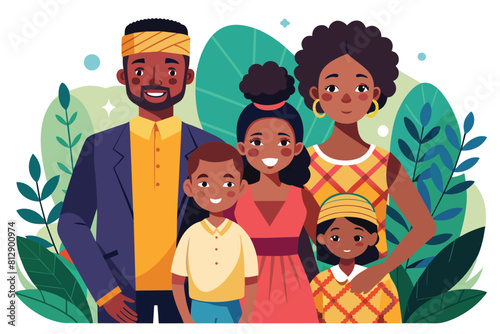 Family of four, African descent, standing together in front of green leaves, African family Customizable Flat Illustration