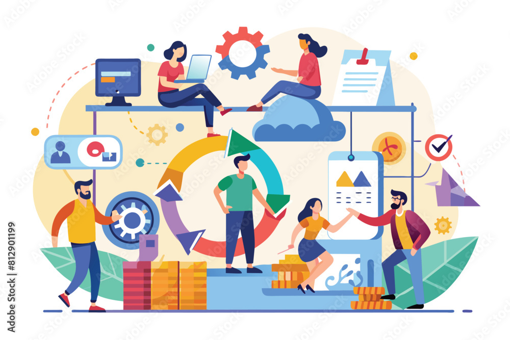 A diverse group of individuals standing together around a large stack of coins, Agile method Customizable Flat Illustration