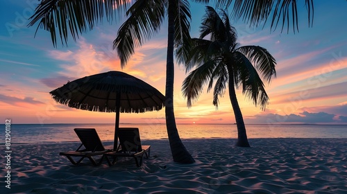 Beautiful tropical sunset scenery two sun beds loungers umbrella under palm tree White sand sea view with horizon colorful twilight sky calmness and relaxation Inspirational beach reso   Generative AI