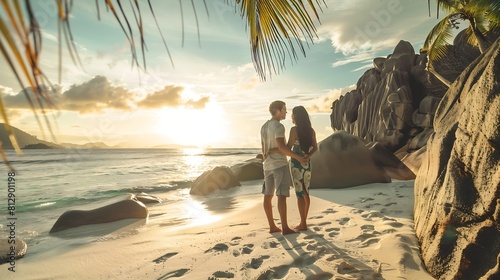 Anse Source dArgent La Digue Seychelles a young couple of Caucasian men and Asian women on a tropical beach during a luxury vacation in Anse Source dArgent La Digue Seychelles : Generative AI photo