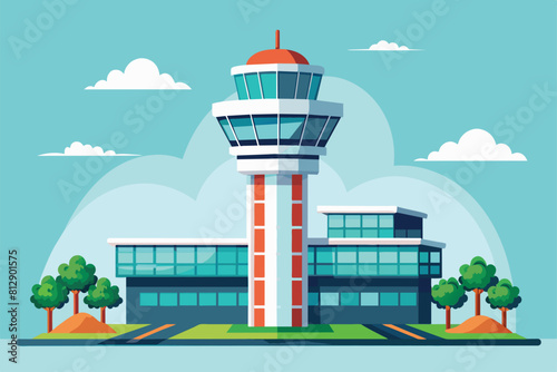 An airport with a prominent control tower located in the center of the bustling airport activities, Airport tower Customizable Semi Flat Illustration