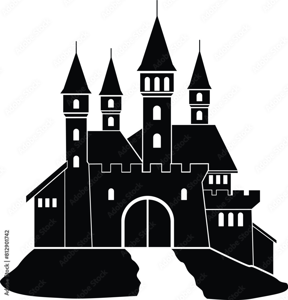 Medieval castle, fortress on a hill - vector silhouette picture for stencil. Silhouette of a Fantasy Castle with towers, fortress walls and loopholes.
