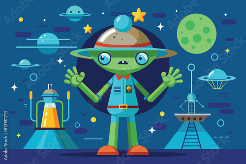 A green alien sporting a hat against a vibrant blue backdrop, Alien science Customizable Disproportionate Illustration