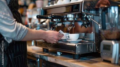 Closeup a barista is making hot coffee latte drink at cafe restaurant. Generated AI image