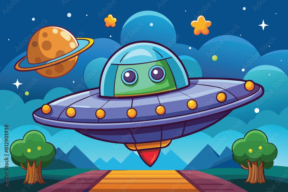 A cartoon alien is flying through the sky in a customizable spaceship design, Alien spaceship Customizable Cartoon Illustration A cartoon alien is flying through the sky in a customizable spaceship design, Alien spaceship Customizable Cartoon Illustration
