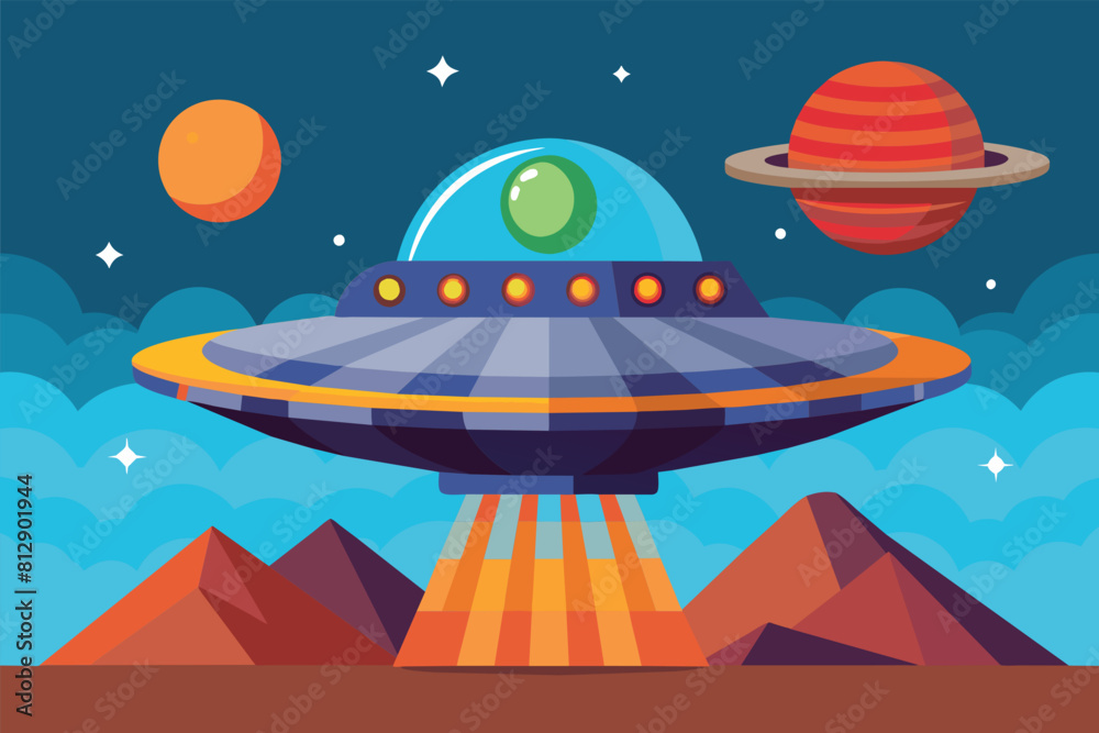 Alien ship soaring through sky above mountain range, Alien spaceship Customizable Flat Illustration