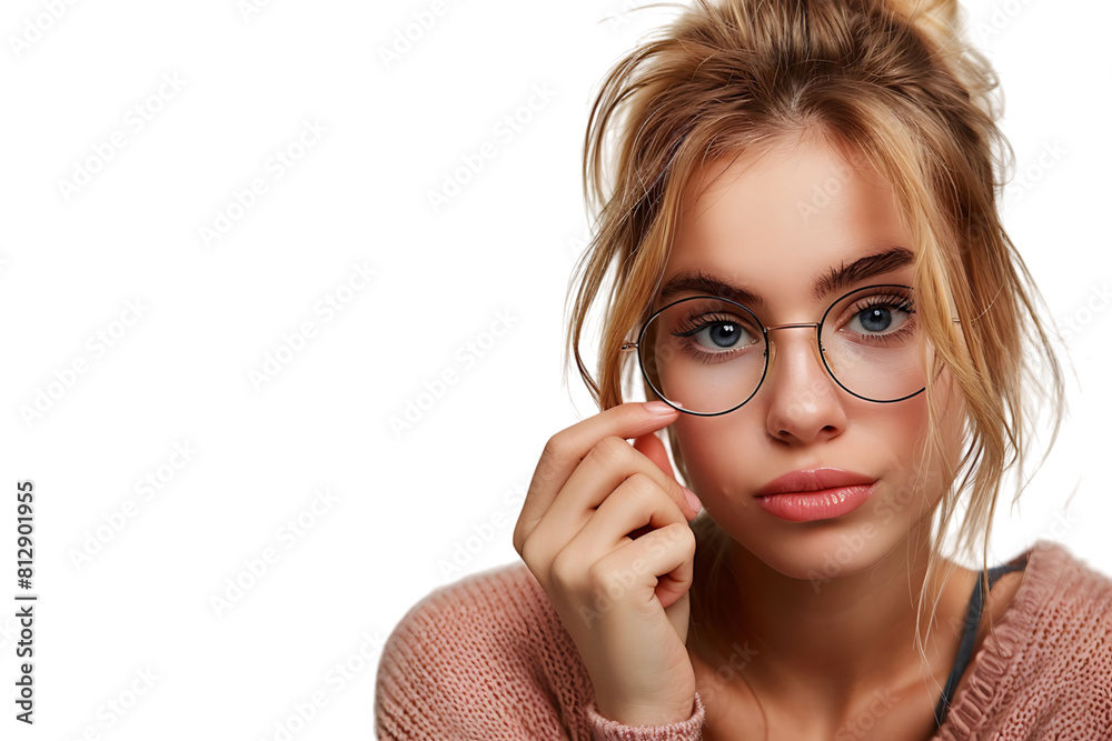 Portrait of nervous minded pretty lady biting finger nail look interested on transparent background