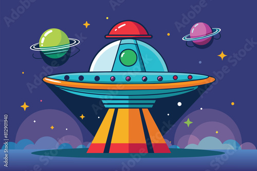 An alien ship floats in the sky, casting an eerie glow on the surroundings, Alien spaceship Customizable Disproportionate Illustration
