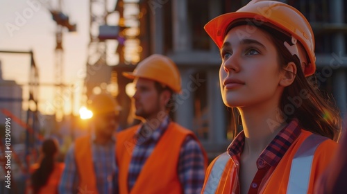 A focused young woman in a safety helmet and reflective vest, consulting with a team of builders against a backdrop of towering cranes and steel beams