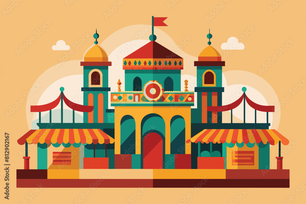 Fototapeta premium A building featuring a prominent clock tower on its rooftop, showcasing architectural elegance, Andalusian fair Customizable Semi Flat Illustration