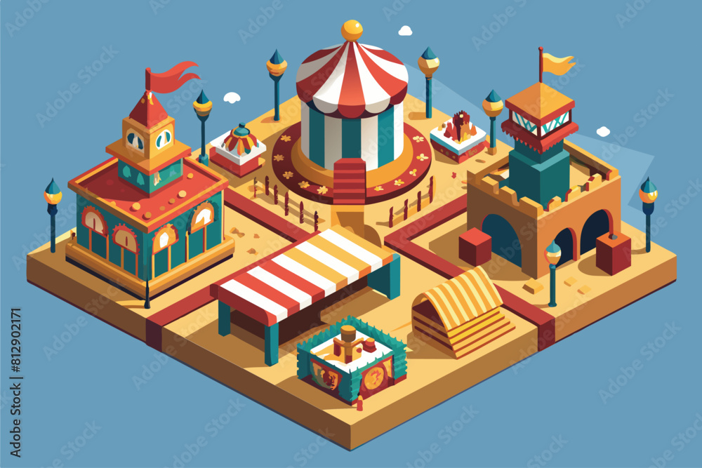Fototapeta premium A small circus with a carousel and a tent set up for entertainment, Andalusian fair Customizable Isometric Illustration