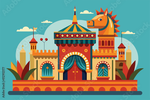 A horse stands majestically in front of a grand castle, Andalusian fair Customizable Semi Flat Illustration
