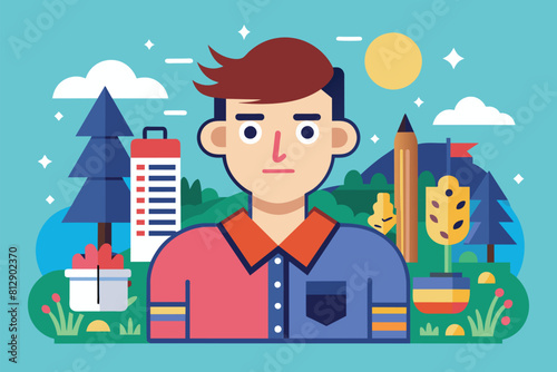 A man stands before a towering cityscape, gazing at the urban landscape before him, Art Customizable Flat Illustration