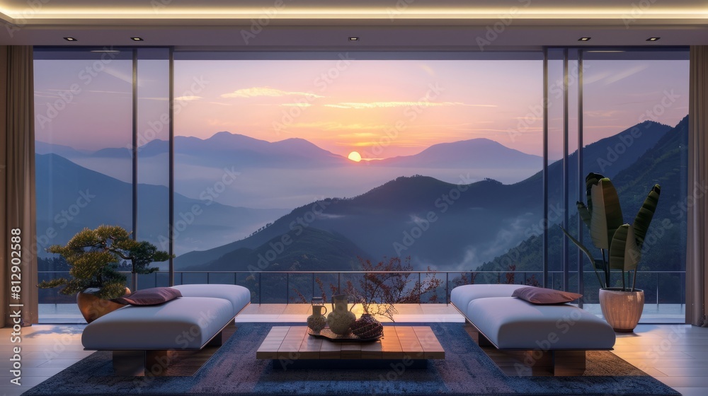 Fototapeta premium Modern indoor landscape under the sunset