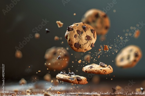 Chocolate chip cookies and crumbs captured in midair against a dark background photo