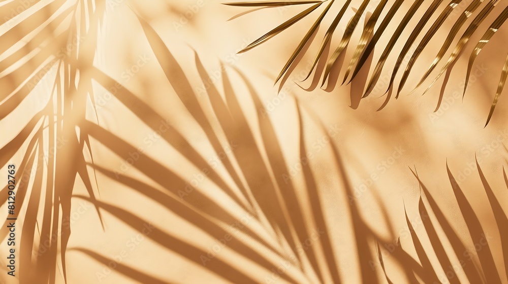 Obraz premium Warm brown and beige summer color background with tropical palm shadow Two trend pastel paper and exotic plant shade layout Minimal flat lay with leaf silhouette overlay : Generative AI