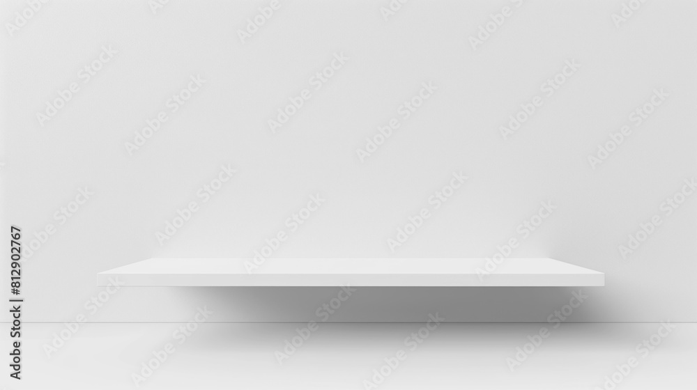 A simple white shelf on an empty wall background, Design for displaying product. A simple white shelf on an empty wall background, Design for displaying product.