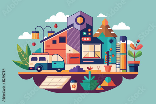 A house with a variety of items on its roof, such as chairs, tables, and bicycles, Atelier Customizable Semi Flat Illustration