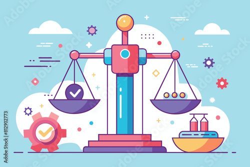 A balance scale with a check mark symbolizing successful weighing, Autonomy Customizable Disproportionate Illustration