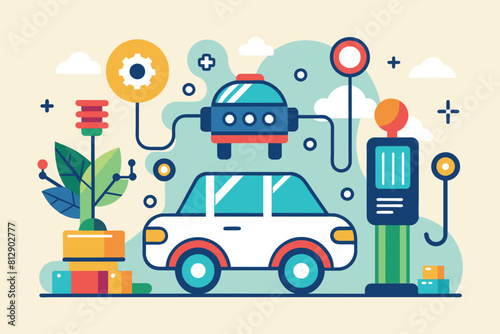 A robot is standing on top of a car, illustrating autonomy and customization in transportation technology, Autonomy Customizable Flat Illustration