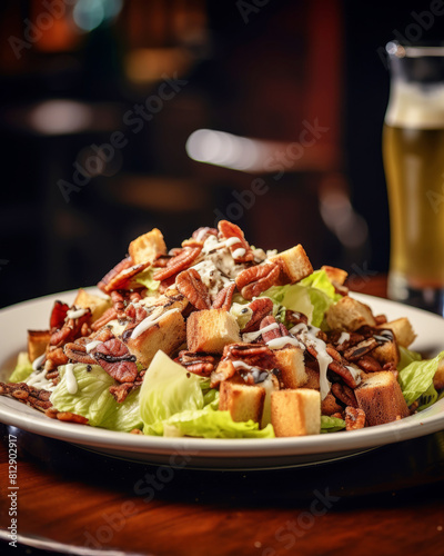 Fresh salad with lettuce, tomatoes, bacon, croutons, and cheese on white plate with draft beer photo