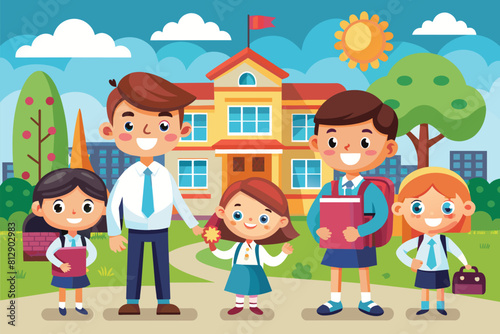A family of four standing in front of their house on a sunny day  Back to school Customizable Cartoon Illustration