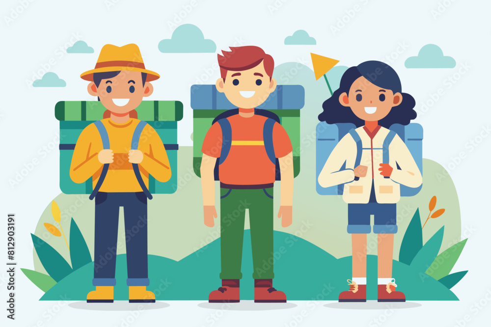 Three individuals with backpacks standing next to each other, Backpackers Customizable Disproportionate Illustration Three individuals with backpacks standing next to each other, Backpackers Customizable Disproportionate Illustration